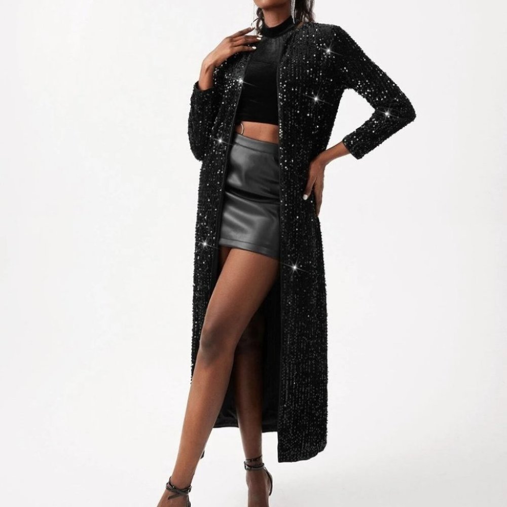 Preppy Womens black Open front Sequin Coat - Picture 5 of 5